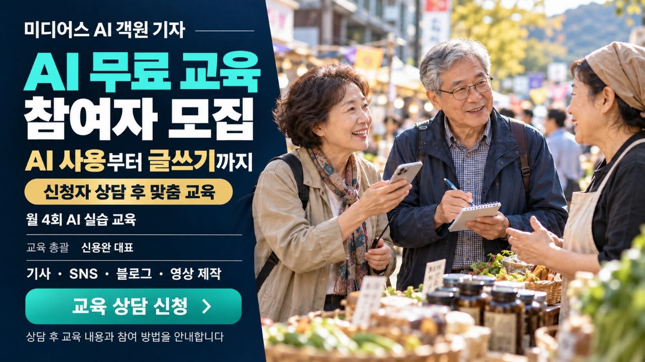 미디어스 AI 객원 기자 · AI 무료 교육 참여자 모집. AI 사용부터 글쓰기까지, 신청자 상담 후 맞춤 교육. 월 4회 AI 실습 교육. 교육 총괄 신용완 대표. 기사·SNS·블로그·영상 제작. 상담 후 교육 내용과 참여 방법을 안내합니다.